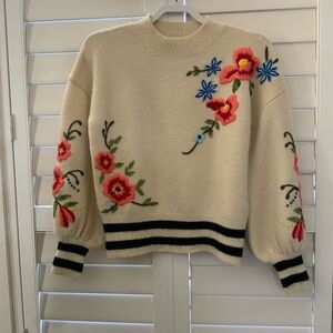 Floral Embroidered Cream Sweater with Black Stripes